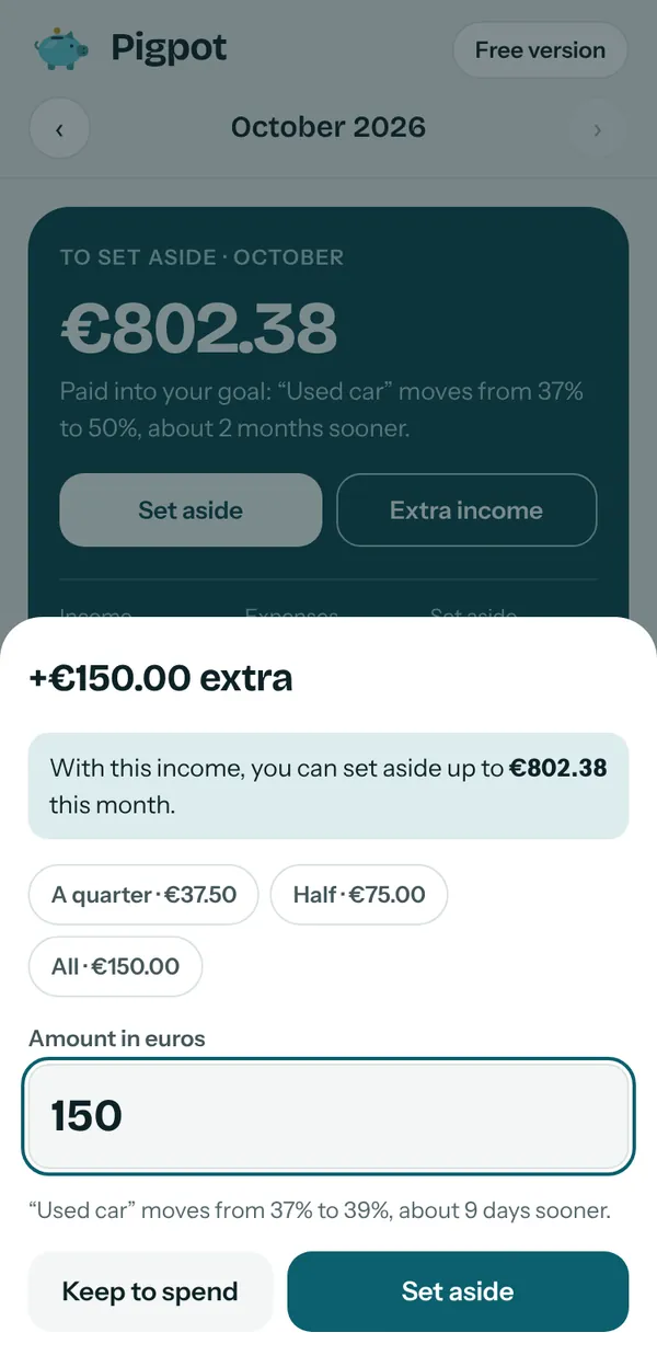 After adding 150 euros of income, Pigpot suggests putting a quarter, half or all of it towards the goal.