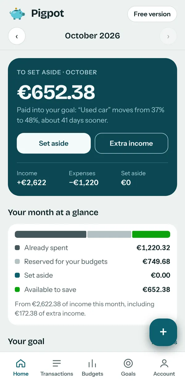 The Pigpot home screen: the amount to set aside this month and how the month's income is split.